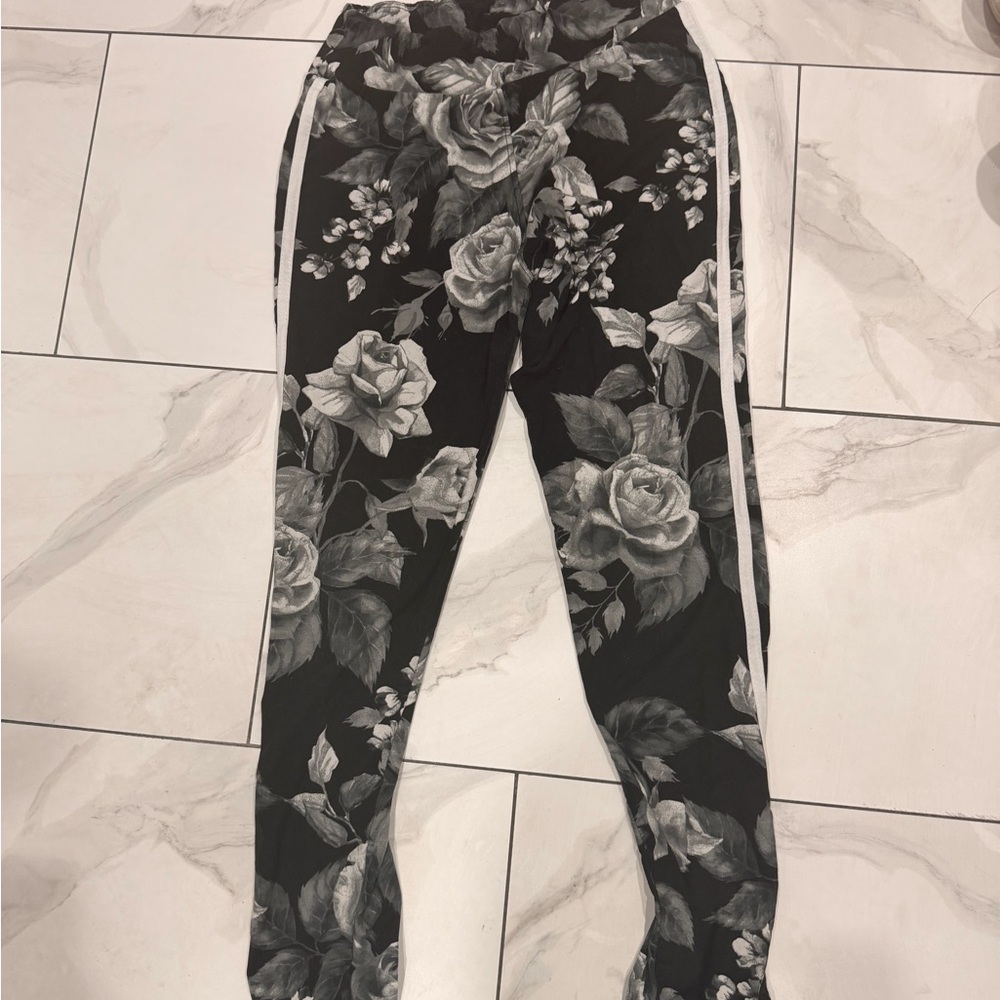 Floral Print Black Jogger Pants with Side Stripes